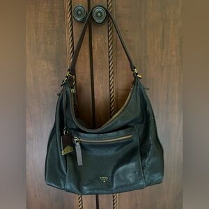 Gorgeous black Fossil leather hobo and crossbody bag. Chocolate leather accents